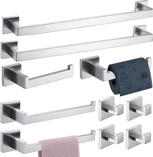 10-Pieces Towel Bar Set Brushed Nickel Bathroom Hardware Set SUS304 Bathroom Accessories Set Includes 2 Towel Bar 24 in+2 Towel Holder+2Toilet Paper Holder+4 Towel Hooks(10, Brushed Nickel, 24 Inch)