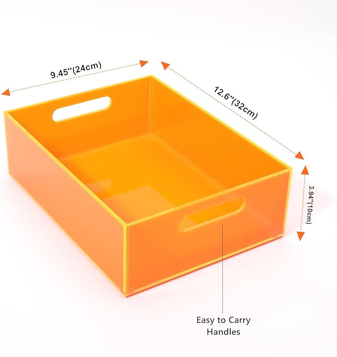 Acrylic Storage Bin Pantry Storage Container with Handles Kitchen Organizer Bin for Cabinet Cupboard Organization, Heavy Duty, 12.6 x 9.4 x 4'', Neon Orange