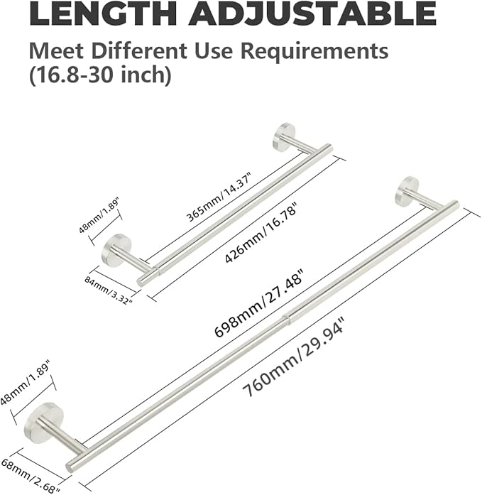 Alise Adjustable Towel Holder, Extension-Type 17'' to 30'' Towel Racks for Bathroom, SUS304 Stainless Steel Towel Rod for Bathroom Wall, DIY Hand Towel Bar, Brushed Nickel Finish