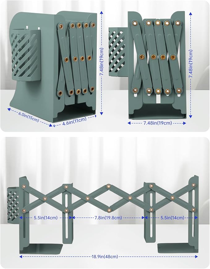 Honagu Adjustable Bookends, Metal Book Ends for Shelves Heavy Book, Desk Magazine File Organizer for Home, Office, Books, Papers, Extends up to 19 inches with Pen Holder (Green)