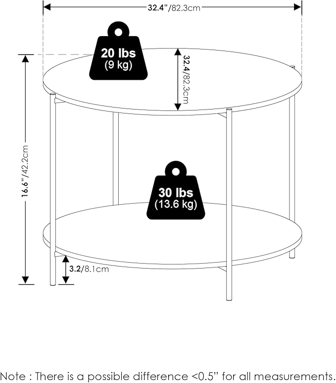 Furinno Besi 2-Tier Modern Round Coffee Table Table with Sturdy Metal Legs, White/Black-NeatNest