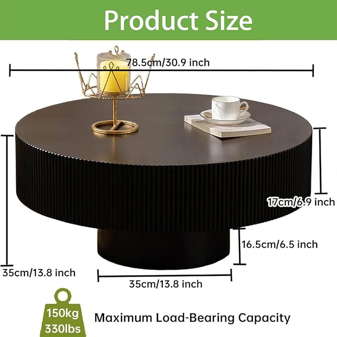 Handmade Round Grooved Drum-Shaped Coffee Table、Rustic Modern Circular Centerpiece for Living Room & Farmhouse Decor、Easy to Clean (B Black 30.9in)