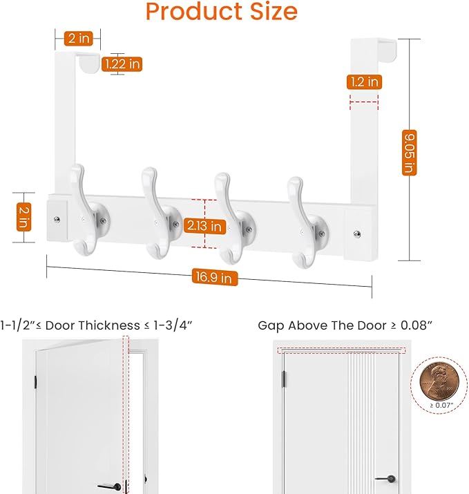 Homode Over The Door Hooks Heavy Duty, Wood Over Door Hanger Hook, Over Door Towel Rack with Coat Hooks for Hanging Towels Clothes Hats Bags, Back of Bathroom Door, White