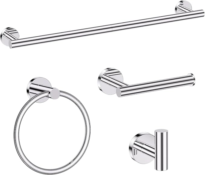 Chrome Bathroom Hardware Set, 4 Pieces Towel Bar Towel Holder Set Includes Towel Bar, Toilet Paper Holder,Towel Ring and Towel Hook Wall Mount Bathroom Accessories Towel Racks for Bathroom-NeatNest