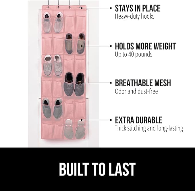 GORILLA GRIP Over the Door Shoe Organizer, 24 Large Breathable Mesh Pockets, Space Saving Hanging Storage Holder, Closet Rack Hanger Holds Up to 40 lbs, Hangs on Closets for Shoes, Accessories, Pink-NeatNest