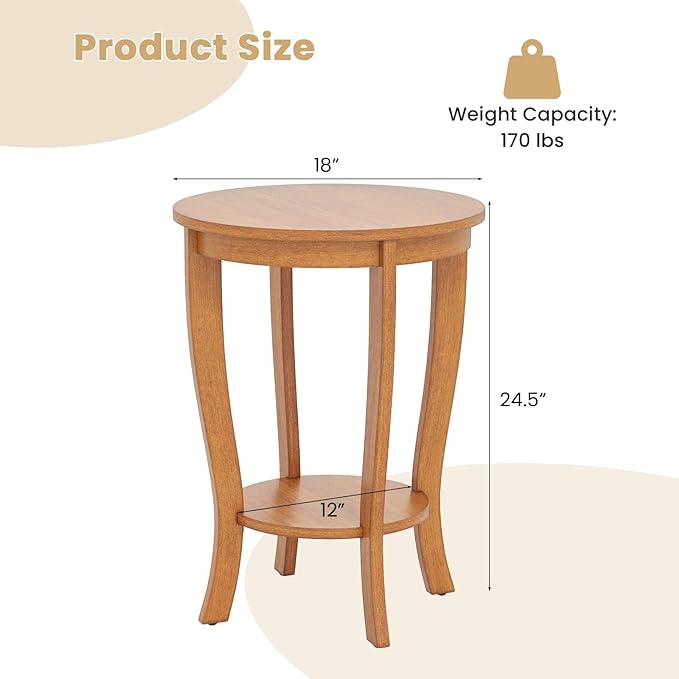 GOFLAME 2-Tier Round End Table Set of 2, 18” Sofa Side Table with Storage Shelf, Floor Tea Tables with Solid Wood Legs, Compact Nightstand for Small Space, Living Room, Bedroom, Light Brown