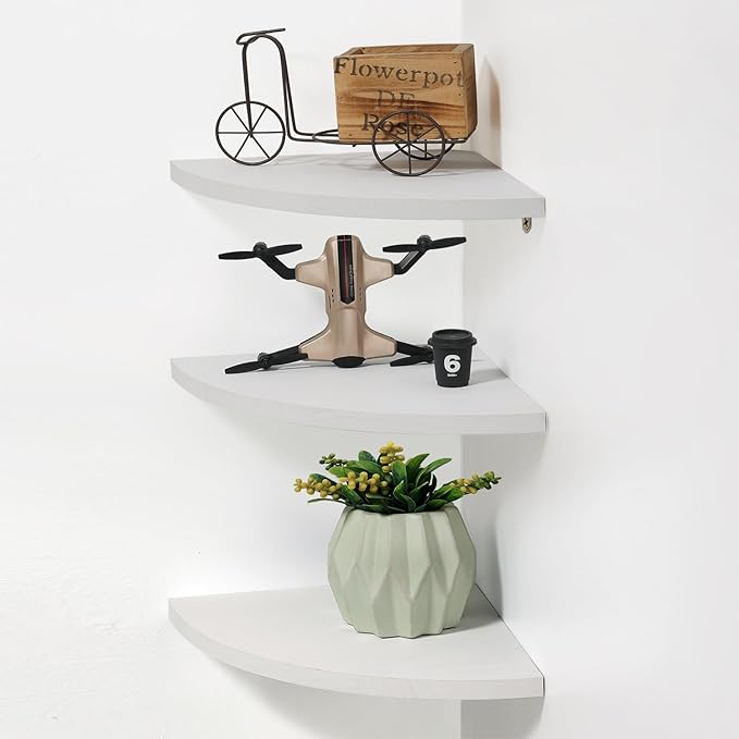 Joiishom Corner Wall Shelf Set of 3, Floating Corner Shelves for Wall, Rustic Wood Wall Storage Display Shelves for Living Room Bedroom Bathroom Kitchen (Round Edge-White)-NeatNest