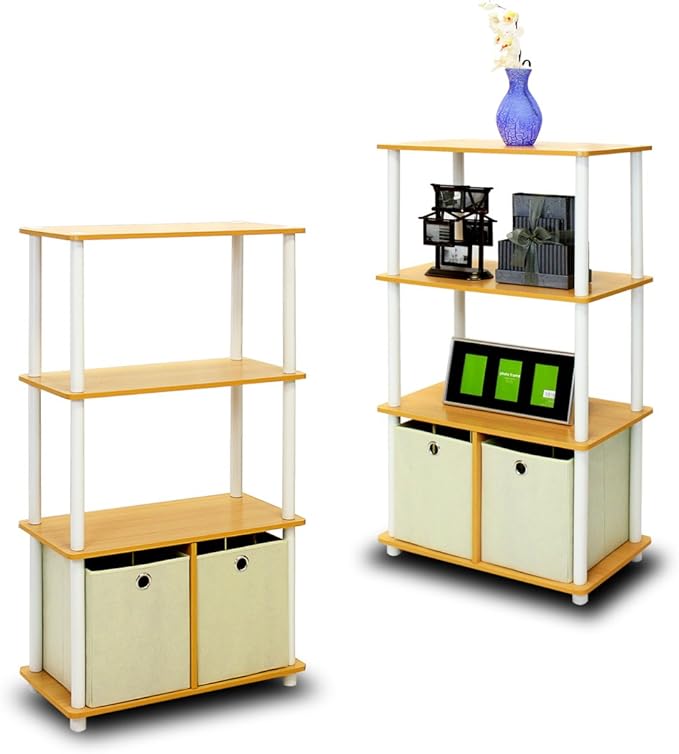 Furinno Go Green 4-Tier Multipurpose Storage Rack Shelving Unit with Bins (Set of 2), Beech-NeatNest
