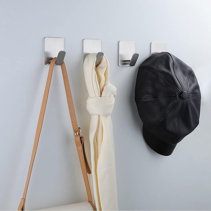 DELITON Adhesive Towel Hooks on Wall: Robe Hooks for Hanging Clothes Hats Stick on Bathroom/Kitchen SUS 304 Stainless Steel Silver-NeatNest