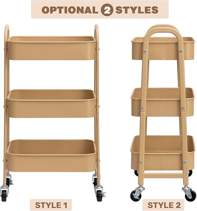AGTEK Makeup Cart, Movable Rolling Organizer Cart, 3 Tier Metal Utility Cart with Lockable Wheels for Home & Office, Golden-NeatNest