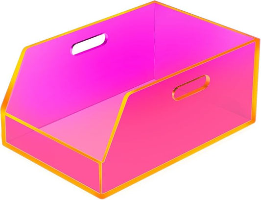 Gelite Stackable Storage Bin Organizer with Handles Acrylic Storage Container for Toy Pantry Kitchen Cabinet Bathroom Closet Office Organization, 11.4x7.5x5.1'', Neon Pink