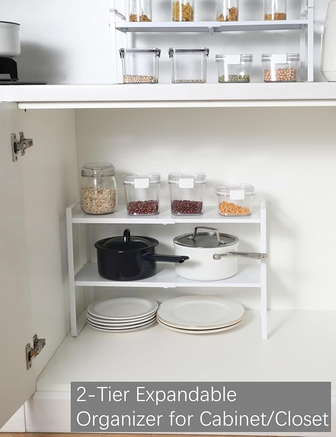 2-Tier Expandable Organizer Shelf for Kitchen Cabinet, Countertop, Pantry & Under-Sink Storage(White)-NeatNest