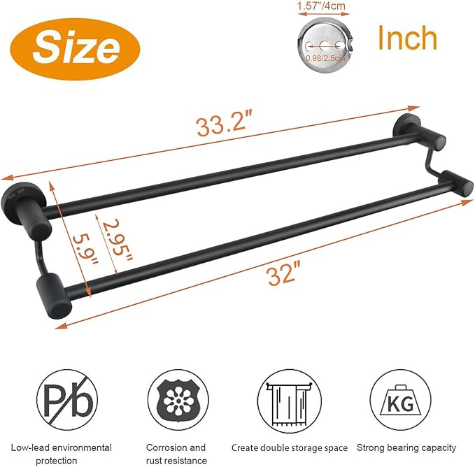 TocTen Double Bath Towel Bar - Thicken SUS304 Stainless Steel Towel Rack for Bathroom, Bathroom Accessories Double Towel Rod Heavy Duty Wall Mounted Towel Holder (Matte Black, 33 in)
