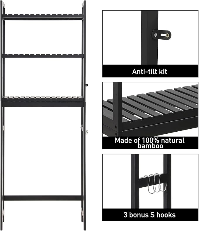 HITOMEN Over The Toilet Storage Cabinet, Bamboo Adjustable 3-Tier Above Toilet Shelf, Stable Freestanding Above Toilet Organizer with 3 Hooks for Bathroom Restroom Laundry Balcony, Black 67" H