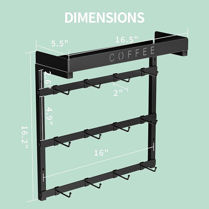 Coffee Mug Holder Wall Mounted with 12 Movable Hooks, Metal Coffee Cup Holder with Top Shelf, Mug Rack Wall Mount for Home Kitchen Display and Collection-NeatNest