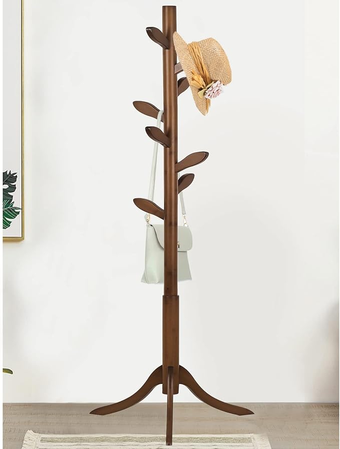 Coat Rack Freestanding Coat Tree Rack with 8 Leaf Hooks, 3-Size Height Adjustable for Adults and Younger, Clothes Hanger Stand for Jacket, Hat, Entryway, Hallway, Corner, Bedroom (Vintage Brown)-NeatNest