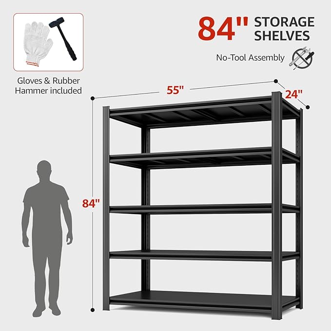 5 Tier Metal Shelving Unit 84" H x 55" W x 24" D, 3000LBS Adjustable Storage Shelves, Heavy Duty Garage Shelves for Warehouse, Basement, Kitchen, Pantry, Living Room, Black-NeatNest