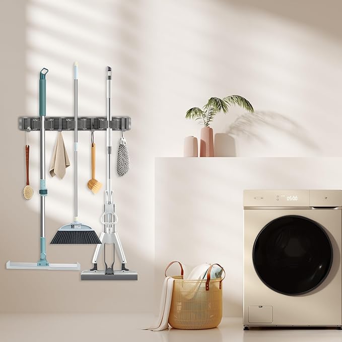 Broom Holder Wall Mount, Aluminum Mop and Broom Holder Hanger with 3 Racks and 4 Hooks, Mop Holder for Laundry Garage Tool Organization-NeatNest