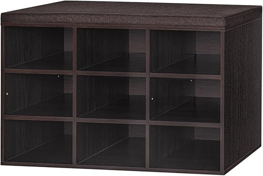 DINZI LVJ Shoe Bench, 9 Cubbies Shoe Organizer for Entryway, Storage Bench with Cushion, Cubby Shoe Rack with Adjustable Shelves for Living Room, Bedroom, Mudroom, Hallway, Espresso-NeatNest