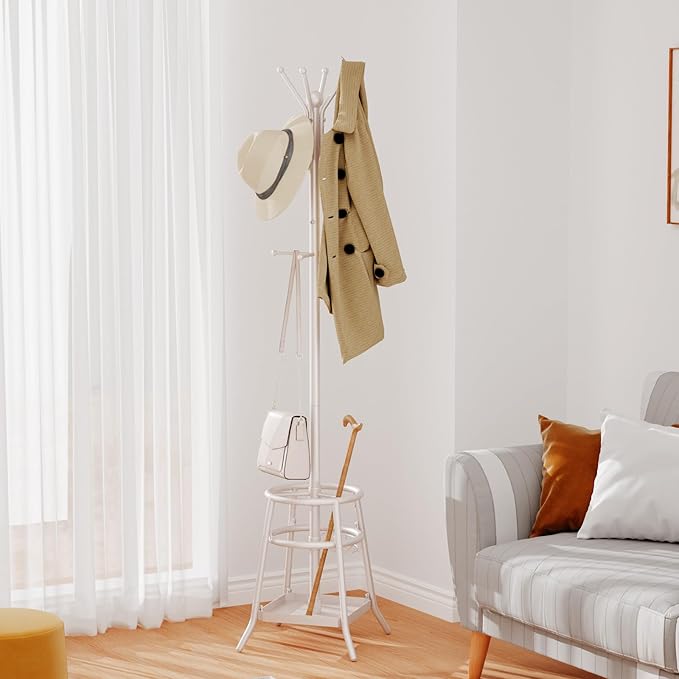Heavy Duty Freestanding Coat Rack with 12 Hooks & Umbrella Holder - White Metal Clothes Hat Sturdy Standing Hall Tree for Entryway, Living Room, Bedroom, Office Organization (White)-NeatNest
