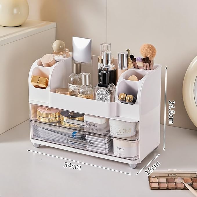 Makeup Organizer with 2 Drawers, Cosmetic Display Case, Storage Holder for Vanity, Bathroom Counter, Desk, Beauty Supplies (White)