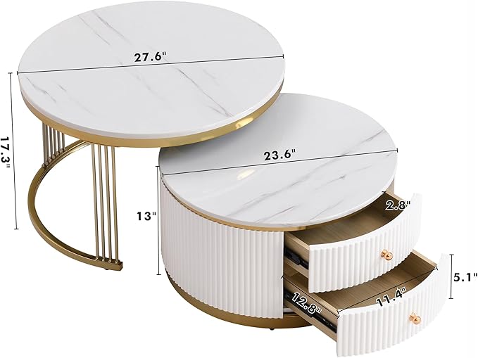 Modern 2 Pieces Round Nesting Coffee Table with Drawers Multiple End Tables Utility Table Telephone Table for Living Room Office Bedroom Balcony, Gold & White