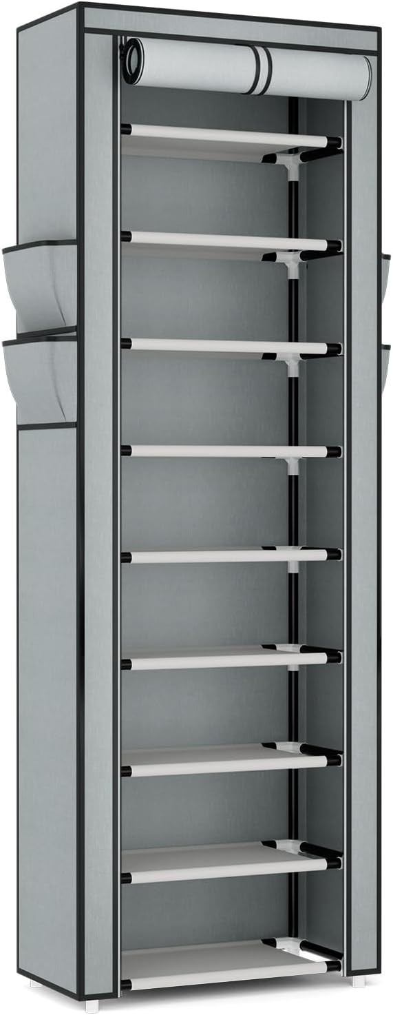 Shoe Rack with Cover Narrow Shoe Rack Organizer with 4 Side Pockets 10 Tier Tall Shoe Storage Shoe Shelf Holds 18-22 Pairs Shoes and Boots Shoe Rack for Closet, Grey-NeatNest