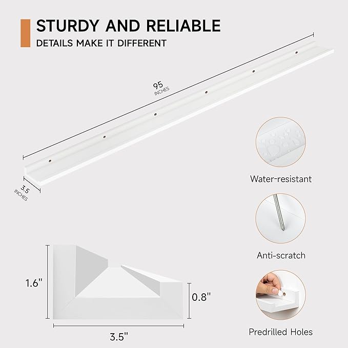 Floating Picture Ledge Shelves for Wall Set of 2, 95 Inches Picture Ledge Shelf with Long Large Nursery Book Shelf for Toys Storage Kids Bookshelf Wall Mounted Living Room Bedroom Decor Frames, White-NeatNest