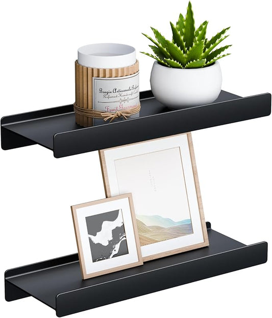 Floating Shelves for Wall, Wall Mounted Shelves with Lip for Storage, Metal Display Shelves for Home Decor, Kitchen/Living Room/Bedroom/Bathroom Shelf, Black 12 inch 2 Pack-NeatNest