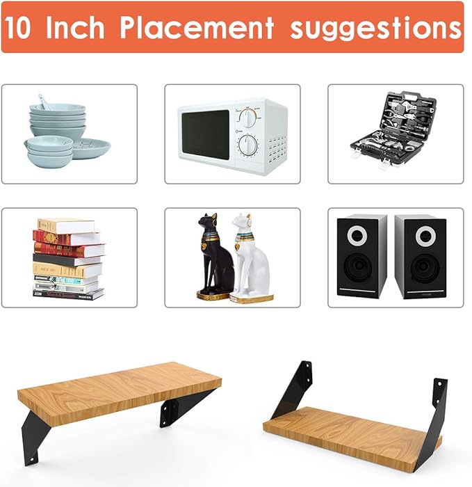 Heavy Duty Angle Shelf Brackets 10 Inch Anti-Rust Floating Shelves Support Brackets Decorative Shelf Brackets Industrial Rustic Farmhouse Flat Curved Black for 10-12 Inch Board( 4-Pack Hardware Only)-NeatNest