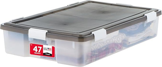 IRIS USA WeatherPro Underbed 47 Qt Storage Bins with Lids, 1 Pack, BPA-Free Plastic Gasket Box with Tight Latch and Seal, Stackable Nestable Underbed Tote Tub - Gray/Clear-NeatNest