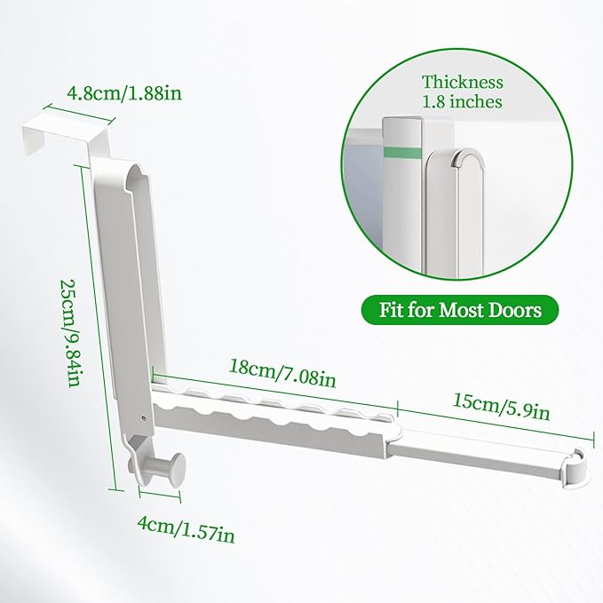 2 Pack Over The Door Hanger Folding Clothes Drying Rack,Fit Door up to 1-3/4" Optimal,Collapsible Foldable Hanging Coat Rack w/Retractable Rod,Clothing Hanger Hook for Laundry Room (White)