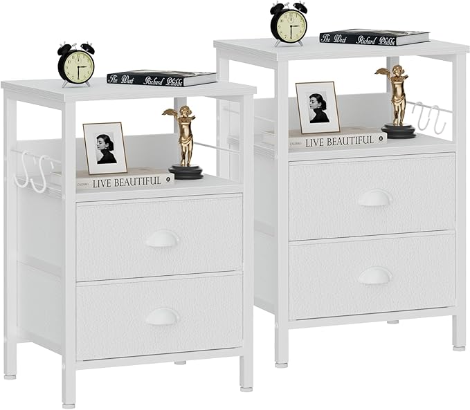 Furologee Nightstands Set of 2, End Table with 2 Fabric Drawers, Night Stand with 2 Hooks, Open Wood Shelf Bedside Table for Bedroom/Living Room/White
