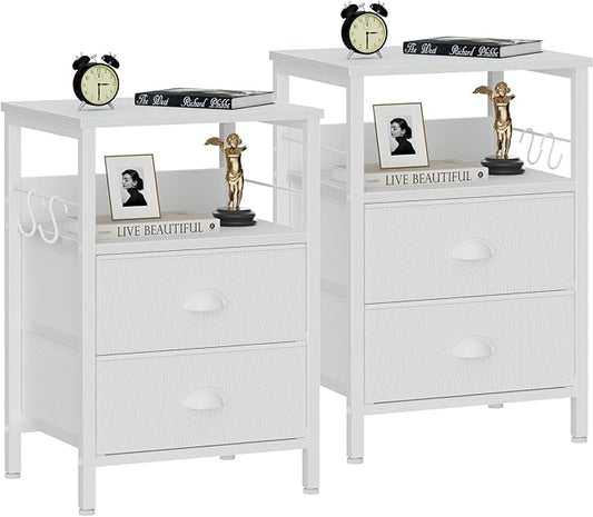 Furologee Nightstands Set of 2, End Table with 2 Fabric Drawers, Night Stand with 2 Hooks, Open Wood Shelf Bedside Table for Bedroom/Living Room/White