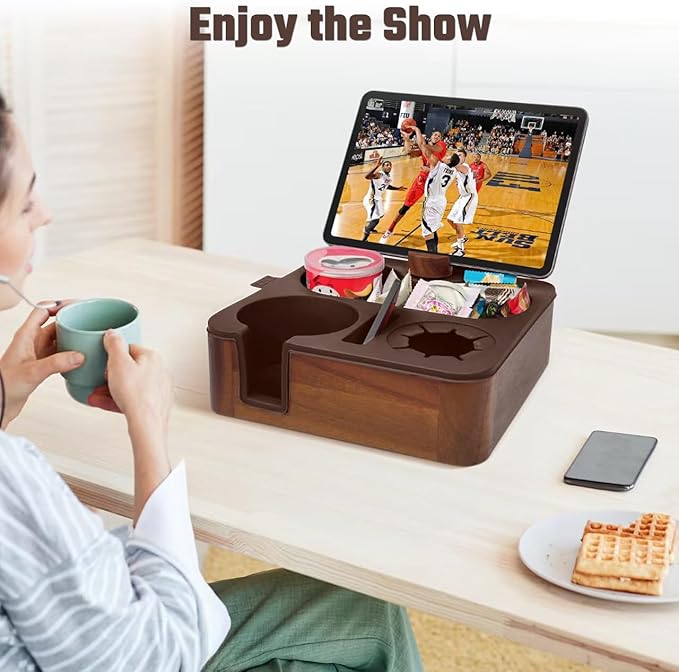 Couch Cup Holder Tray, Real Acacia Wooden Caddy with Soft Silicone, Snack and Drink Organizer- Perfect Movie Night Accessories for Bed, Remote and Cup Holders for Sofa (Coffee)-NeatNest