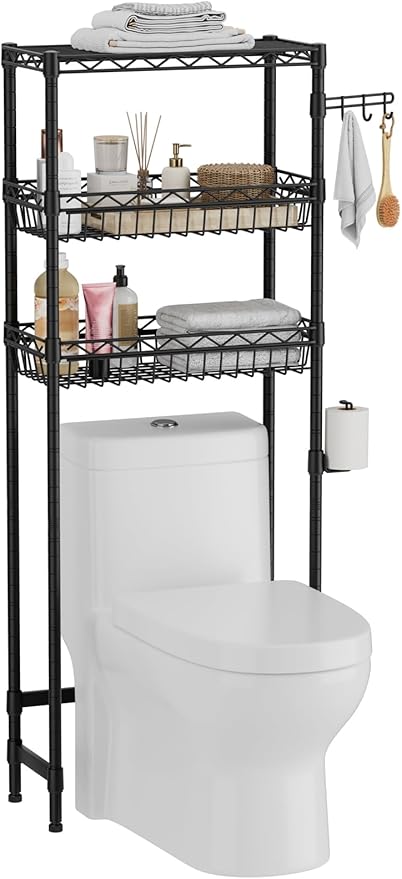 3-Tier Over-The-Toilet Storage Shelf,Heavy-Duty Adjustable Bathroom Rack with 2 Mesh Baskets,Toilet Paper Holder & Hooks,Space-Saving Organizer for Bathroom,10”D x 24”W x 66”H,Black