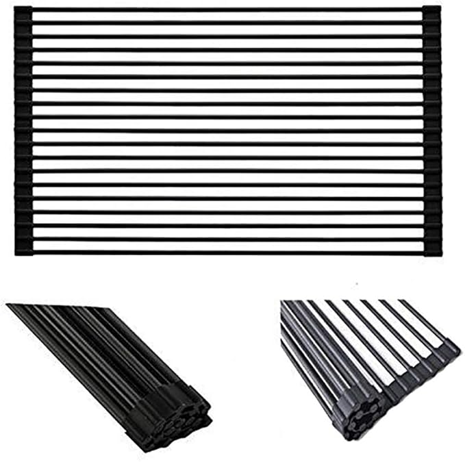 Ahyuan Large Roll up Dish Drying Rack Foldable Dish Rack Over Sink Dish Drainer Roll-up Sink Drying Rack Full Silicone Coated Stainless Still Dish Drying Rack (Matte Black, 20.5''X13.13'')