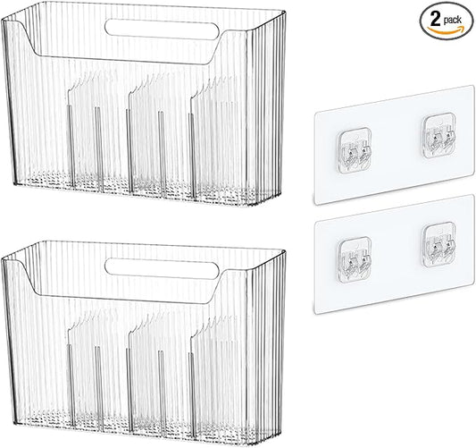 2 Pack Adhesive Mount Cabinet Door Organizer, Wall Mounted Bathroom Organizers and Storage Bins Plastic Stackable Shower Caddy Hanging Floating Shelves for Narrow Space, BPA Free (Clear)