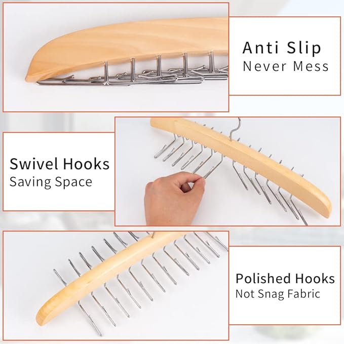 3 Pack Tank Top & Bra Hanger, Tie & Belt Hanger with Natural Wood, 24 Space Saving, 360 Rotating, Foldable Metal Hooks, Closet Organizer and Storage Rack for Tank Tops/Bras/Ties/Belts-NeatNest