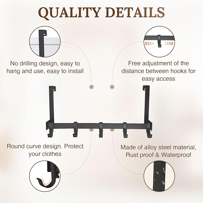 18" Over The Door Hook Rack with 5 Movable Hooks, Soft Iron Finish, for Bedroom, Bathroom, Walk-in Closet, Laundry Room and More - Black-NeatNest