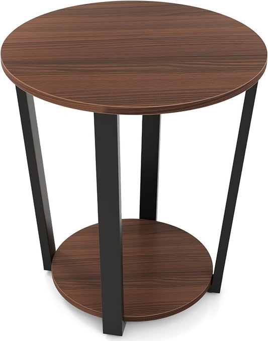 Giantex Round End Table, 2-Tier Side Sofa Table with Open Storage Shelf and Metal Frame, Industrial Nightstand Bedside Table for Living Room, Bedroom, Small Space, Accent Furniture, Walnut