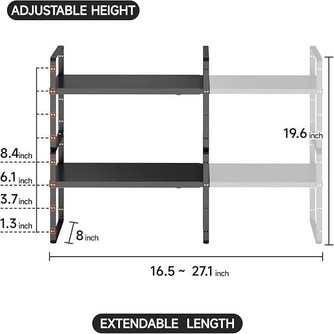 2Pack 16.5-27’’L Expandable Cabinet Shelf Organizers, Stackable Metal Shelves Extender for Kitchen Countertop Storage, Adjustable Spices Shelves Rack Stand for Cupboard Pantry, Black-NeatNest