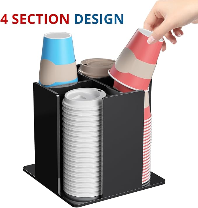 Cup and Lid Holder, 4 Compartment, Square | Rotating Coffee Cup Dispenser Lid Carousel for Restaurant, Buffet, Coffee Station, Bar, Countertop, Black Acrylic-NeatNest