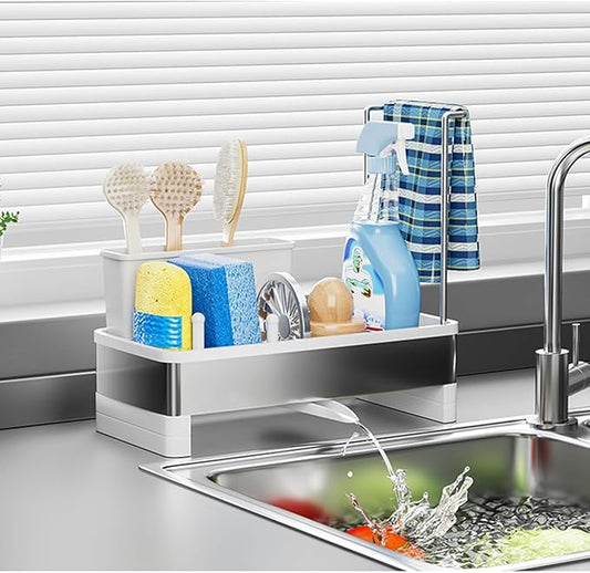 Dish Sponge Holder - Stainless Steel & PP Sink Caddy, 360° Rotatable Self-draining, Space-Saving Kitchen Sink Organizer with Removable Dish Cloth Rack (White)-NeatNest