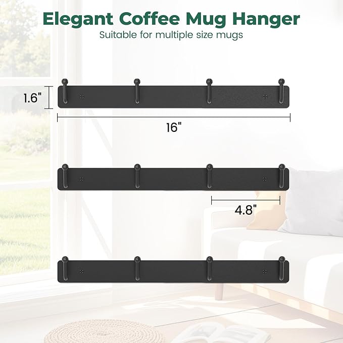 EsLuker.ly Mug Holder Rack Coffee Cup Hanger Wall Mount, Metal Wall Cup Shelf Organizer Stand with 12 Hooks, Fits Most Mugs Display for Home Kitchen, Easy to Install, Set of 3, Black-NeatNest