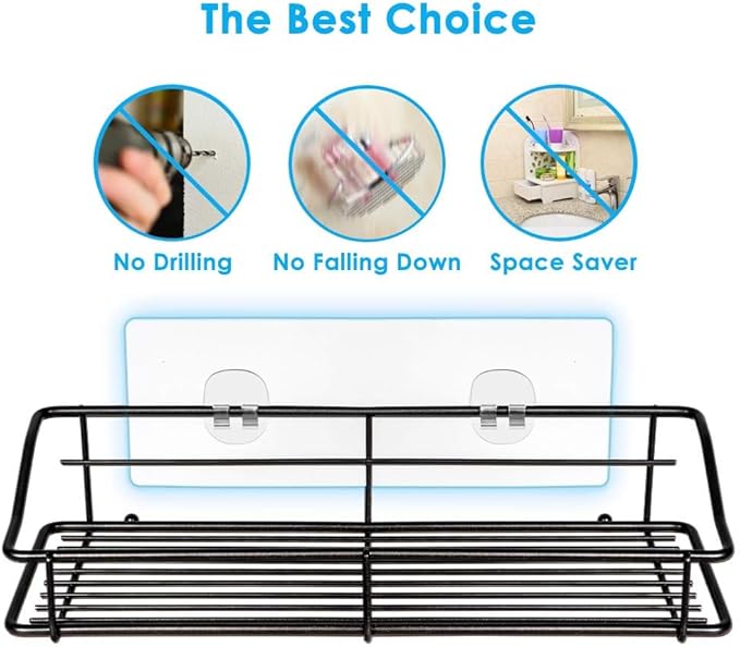 Nieifi Shower Caddy Shelf with Hooks Storage Rack Organizer Adhesive Stainless Steel without Drilling for Bathroom, Lavatory, Washroom, Restroom, Shower, Toilet, Kitchen (Black, 3 Pack)-NeatNest