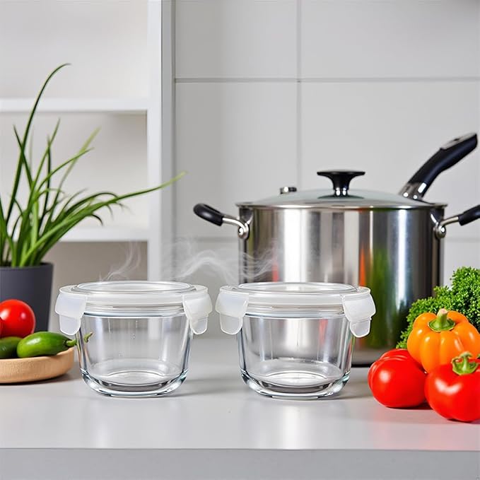 2 Cup Round Glass Soup Storage Containers with Lids, Round Glass Food Container with Airtight Lids, Borosilicate Food Storage Containers for Leftover, Oven, Dishwasher, Fridge Safe (4 Pack)