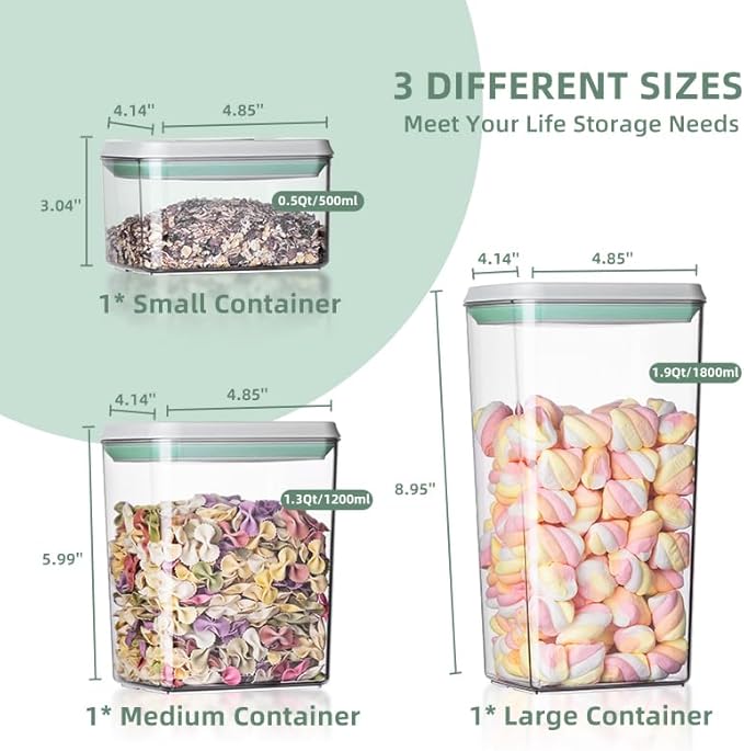 Food Storage Containers with Lids Airtight- 3Pcs BPA-Free Kitchen and Pantry Organization Pop Containers, Leakproof Stackable Kitchen Storage Containers for Cereal, Flour, Sugar (0.5, 1.2, 1.8 QT)-NeatNest