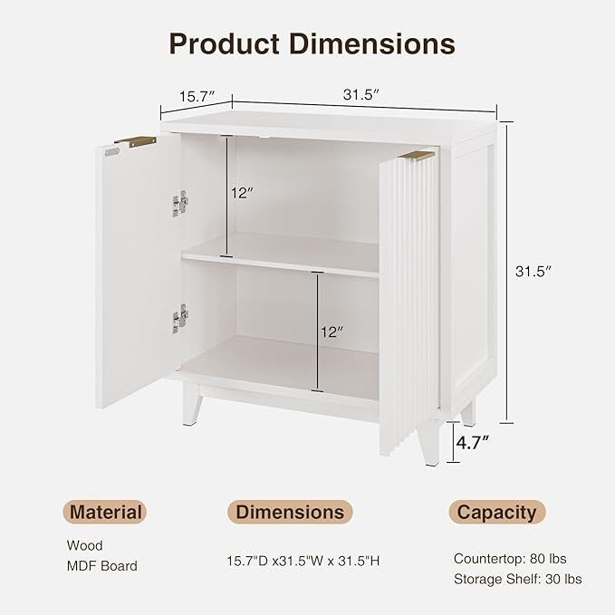 Fluted Cabinet with Storage, 2 Doors Sideboard Buffet, Mid Century Modern Accent Cabinet with Adjustable Shelves, Multifunctional Console Table with Storage for Living Room, Kitchen, Entryway