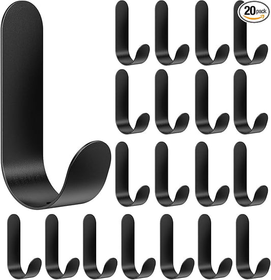 Adhesive Towel Hooks, 20 PCS Stainless Steel Self Adhesive Wall Hooks, Black Heavy Duty Shower Hook, Waterproof Oilproof Rustproof for Bathroom, Kitchen, Living Room